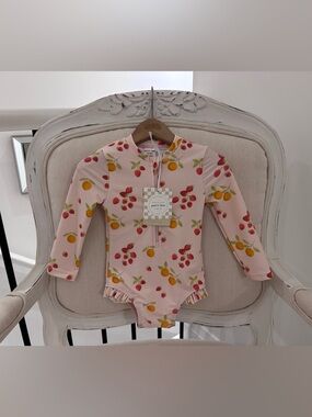 🍓 6-12 Mth Petit Lem Pink Strawberry & Lemon Print Long Sleeve Swimsuit NWT
